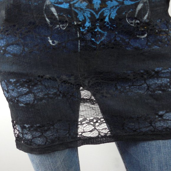 HARLEY DAVIDSON Top M Long Black Lace Tunic Shirt Skull Logo Sheer 3/4 Sleeves - Picture 8 of 14